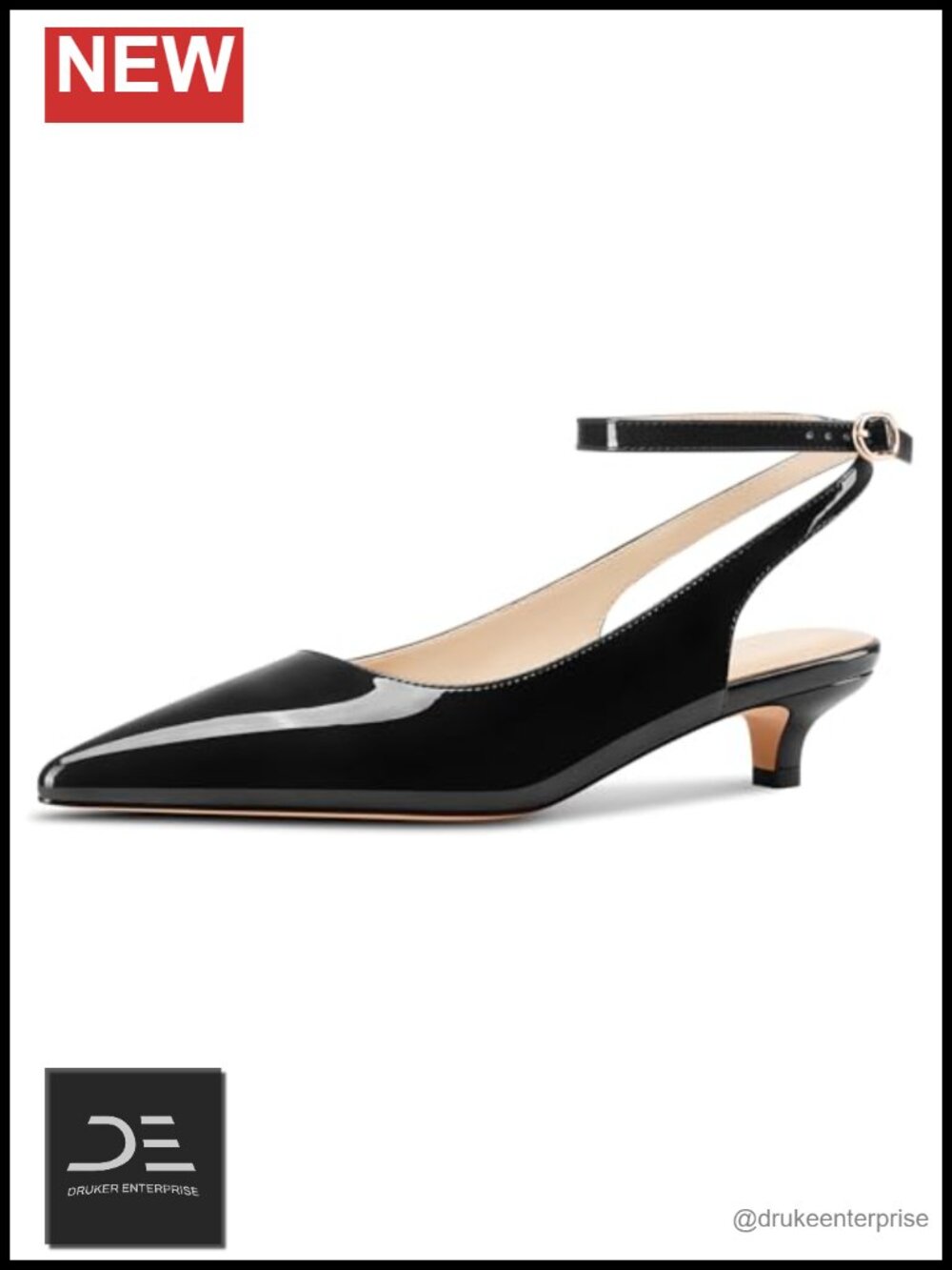 Womens Kitten Heel Pointed Toe Pumps Slingback Ankle Strap Buckle Patent